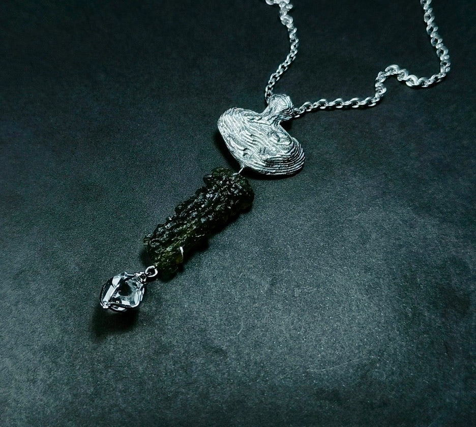 Sterling Silver Moldavite & Herkimer Diamond Necklace