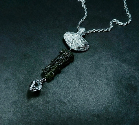 Sterling Silver Moldavite & Herkimer Diamond Necklace