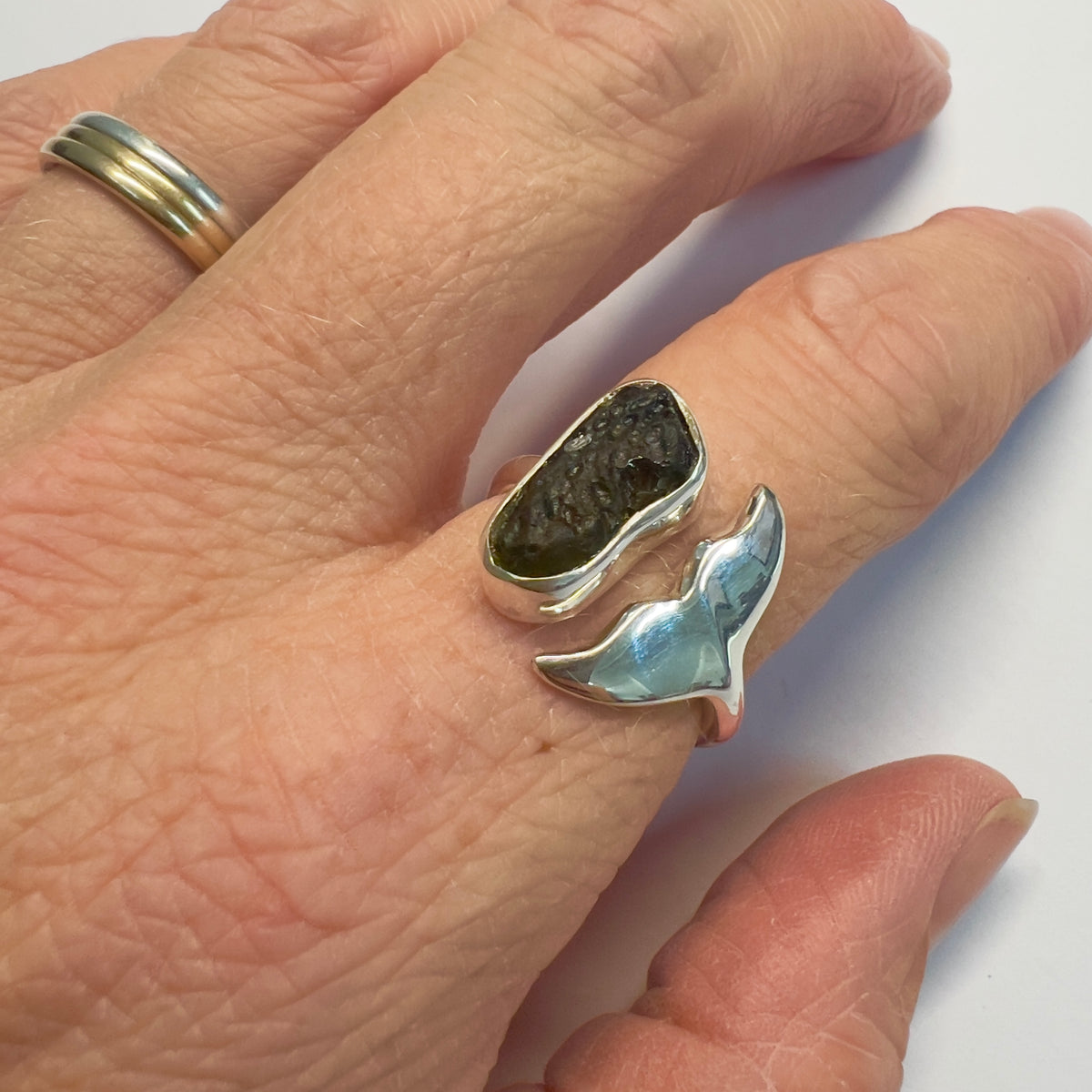 Sterling Silver Moldavite Whale Ring - Size 7