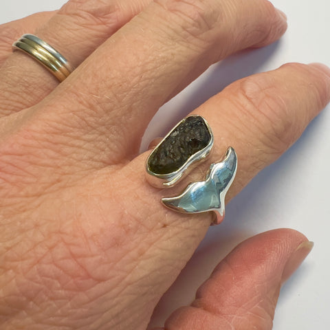 Sterling Silver Moldavite Whale Ring - Size 7