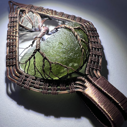 Moldavite & Herkimer Diamond Copper Tree of Life Pendant | 4.93g | Chlum