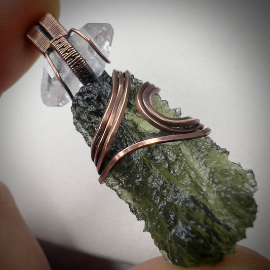 Moldavite & Herkimer Pendant - Copper Wrap
