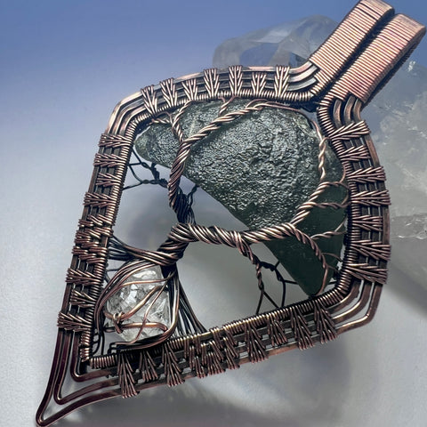 Moldavite & Herkimer Diamond Copper Tree of Life Pendant | 4.93g | Chlum