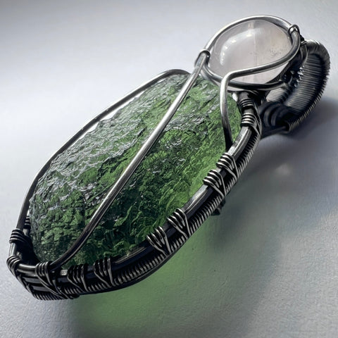 Moldavite and Rose Quartz Sterling Silver Pendant | 3.58g | Marouskovo Pole