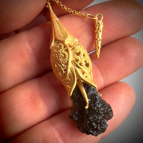 Floral Filigree Moldavite Pendant in Gold Plate