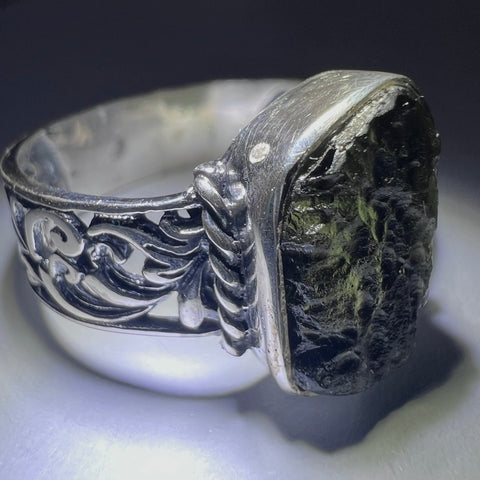 Ornate Filigree Sterling Silver Moldavite Ring – Size 10