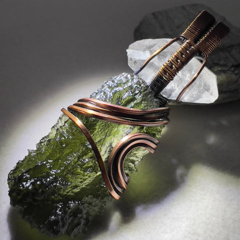 Moldavite & Herkimer Pendant - Copper Wrap
