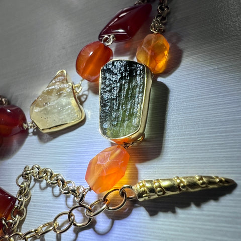 Gold Plated Moldavite, Carnelain & Libyan Desert Glass Necklace | 1.6g | Chlum