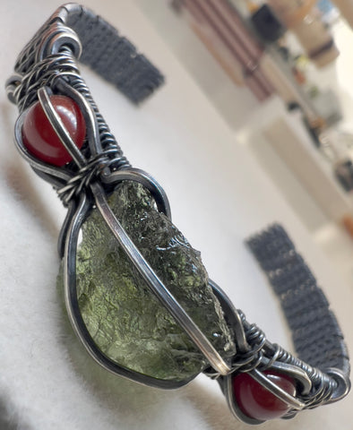 Antiqued Silver Moldavite bracelet with Red Carnelian