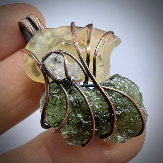 Moldavite, LDG & Herkimer Diamond Copper Pendant | 2.6g | Chlum