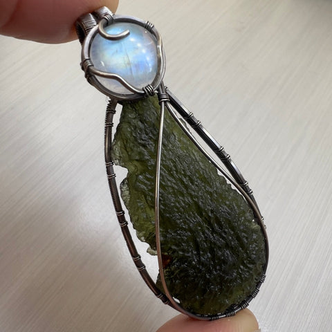 Moldavite & Moonstone Sterling Silver Pendant | 4.84g | Chlum