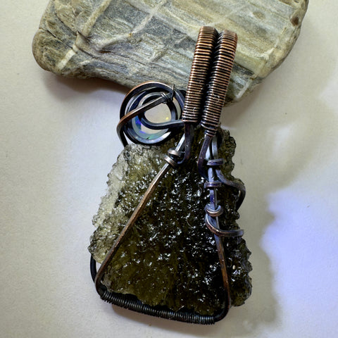 Moldavite & Opal Copper Pendant | 4.6g | Chlum