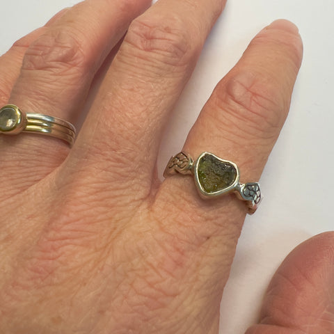 Sterling Silver Moldavite Heart Ring - Size 8