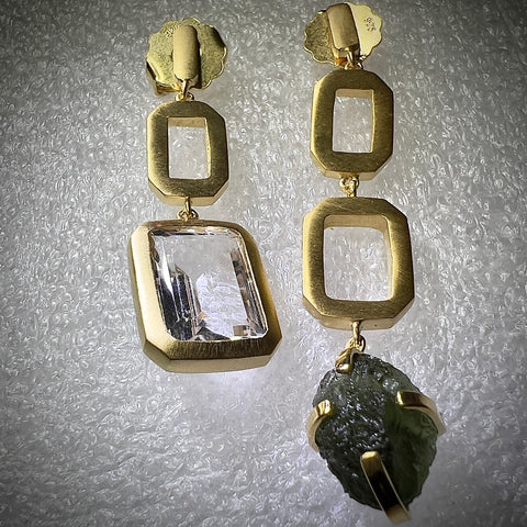 White Topaz/Moldavite Gold plated Earrings | 1.4g | Chlum