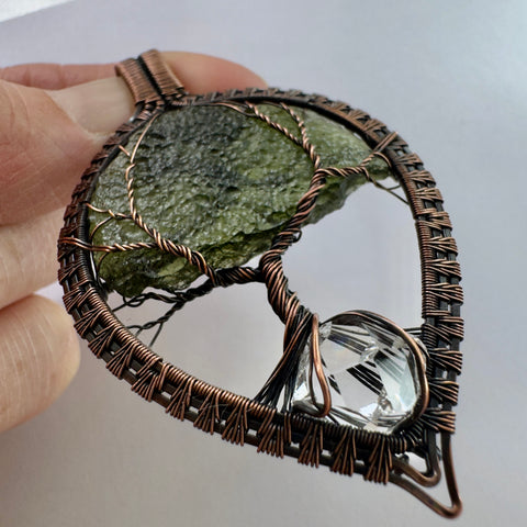 Moldavite & Herkimer Diamond Copper Tree of Life pendant | 6.61g | Chlum