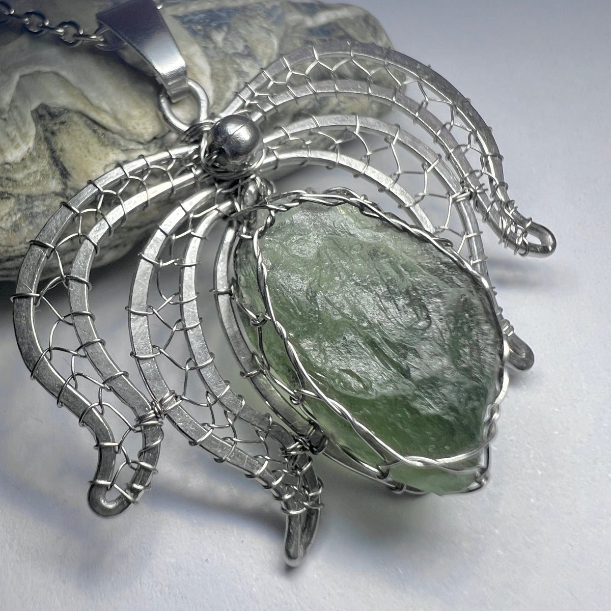 Stainless Steel Moldavite Pendant | 1.16g | Vrabce