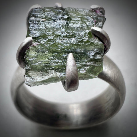 Oxidised Sterling Silver Moldavite Claw Ring | Size 7.5 (P) | Chlum