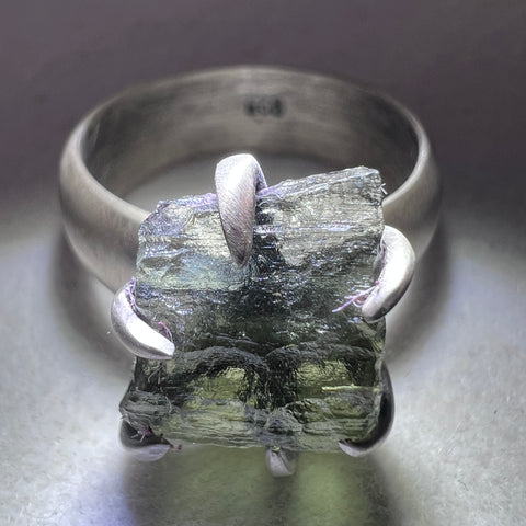 Oxidised Sterling Silver Moldavite Claw Ring | Size 7.5 (P) | Chlum