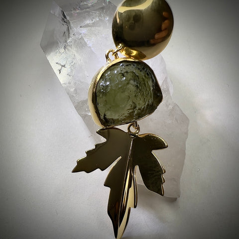 Gold Plated "Leaf" Moldavite Earrings | 2.9g | Chlum