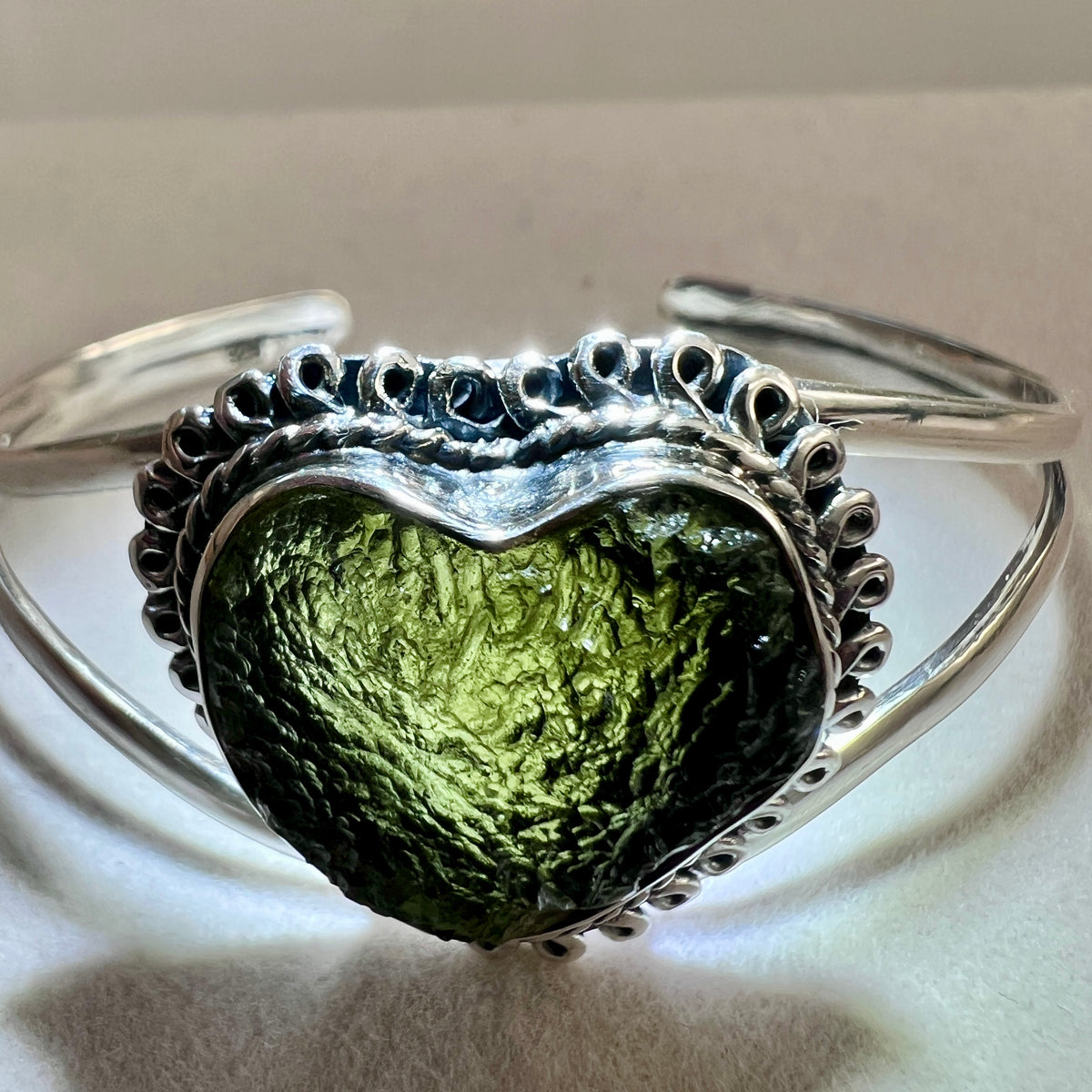 Moldavite Heart Silver Bracelet