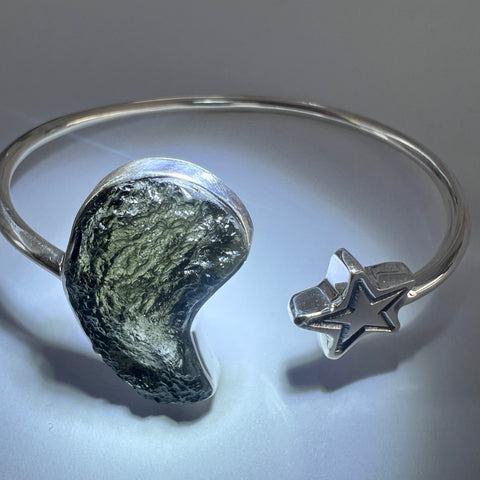Celestial 2.66g Moldavite & Star Open Bracelet in Sterling Silver