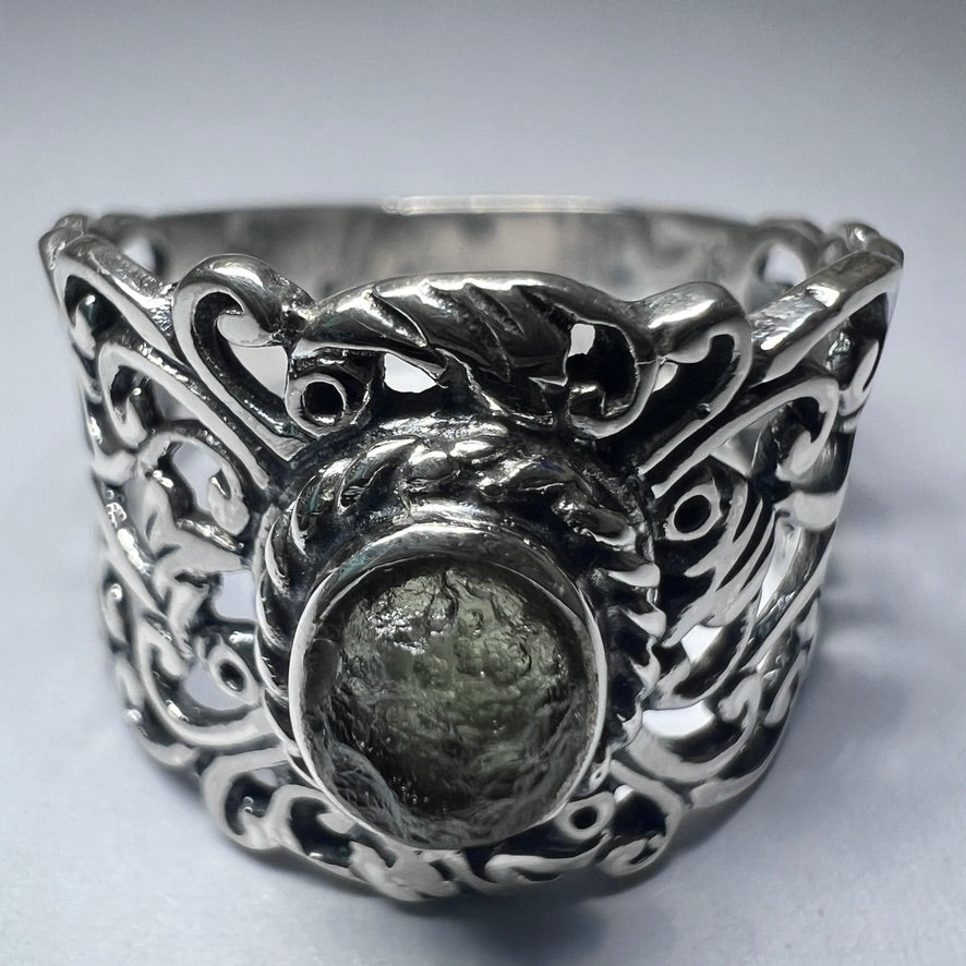 Ornate Filigree Sterling Silver Moldavite Ring - Size 8