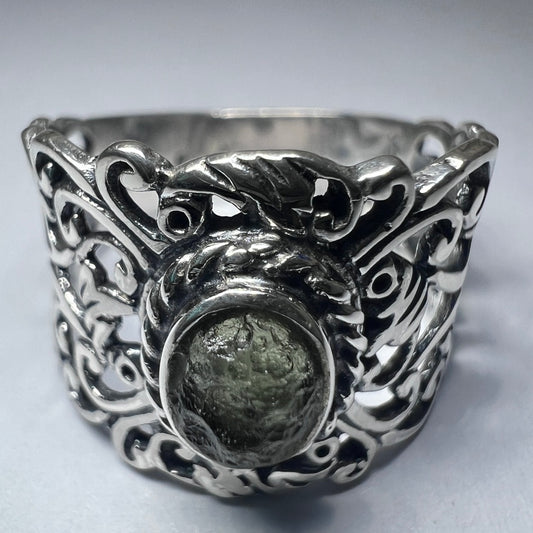 Ornate Filigree Sterling Silver Moldavite Ring - Size 8