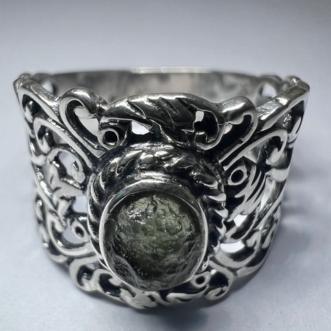 Ornate Filigree Sterling Silver Moldavite Ring - Size 8