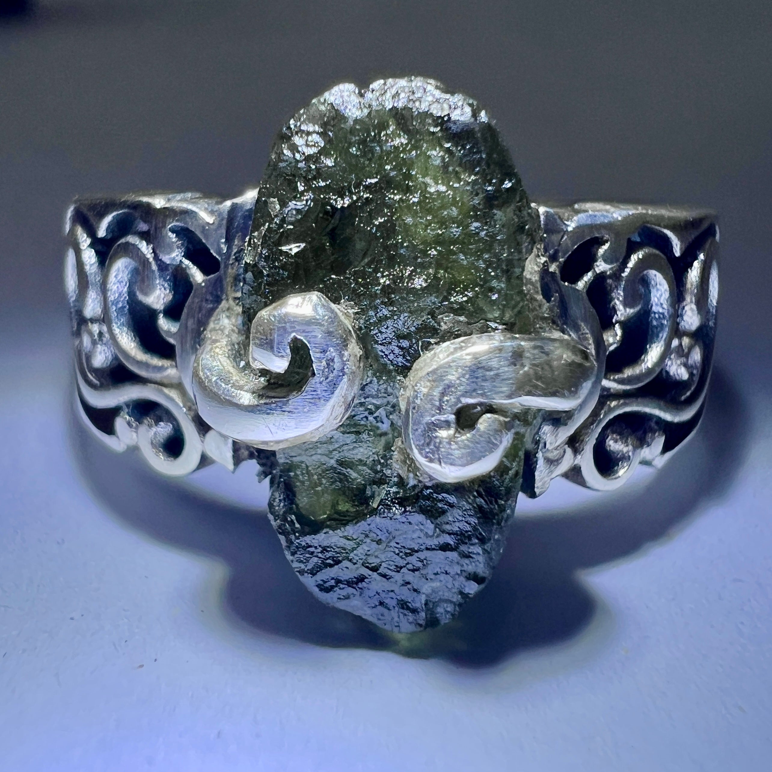 CUSTOM RING Oval Claw Set Sterling Silver Moldavite Ring -  size 7