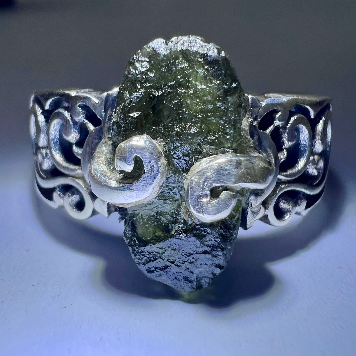 CUSTOM RING Oval Claw Set Sterling Silver Moldavite Ring -  size 7
