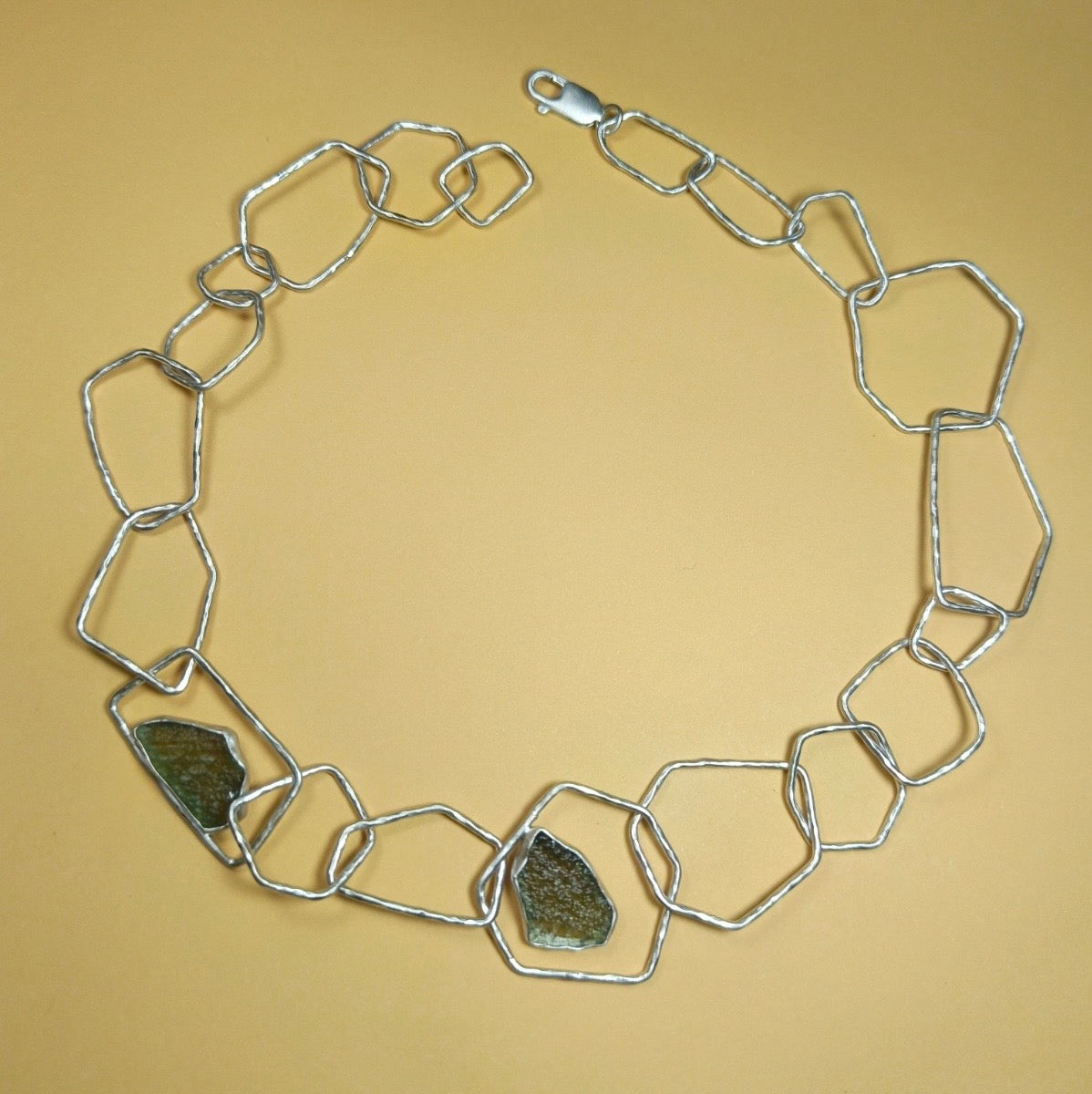 Handcrafted Sterling Silver Geometric Moldavite Chain Necklace