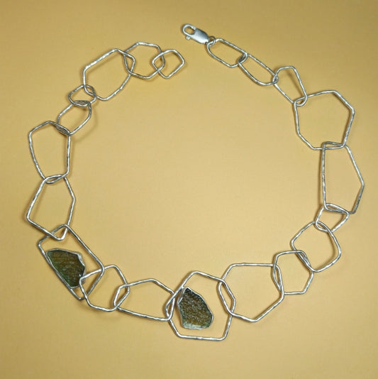 Handcrafted Sterling Silver Geometric Moldavite Chain Necklace