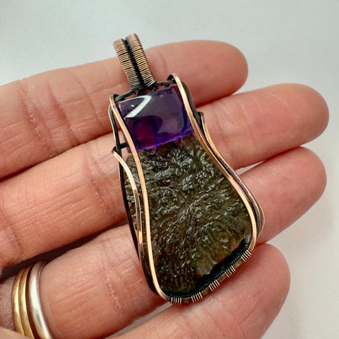 Moldavite & Amethyst Copper Pendant | 3.93g | Marouskovo Pole