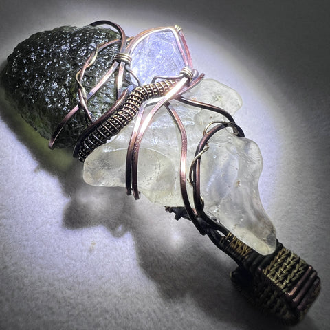 Moldavite, Libyan Desert Glass & Herkimer Diamond Pendant - Copper & Brass Wrap