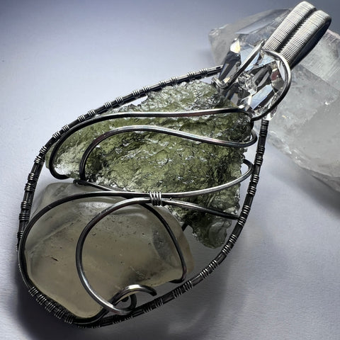 Silver Moldavite, LDG & Herkimer pendant | 4.66g | Chlum