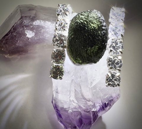 Sterling Silver Moldavite & Cubic Zirconia Ring | Size 6.5 (N) | Chlum