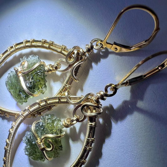 Moldavite Gold Wire Wrapped Earrings | 1.53g | Chlum