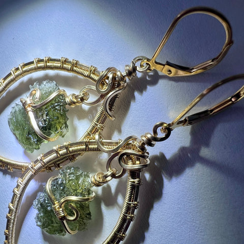 Moldavite Gold Wire Wrapped Earrings | 1.53g | Chlum