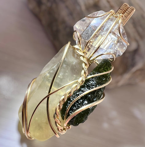 Moldavite,LDG & Herkimer Gold Pendant