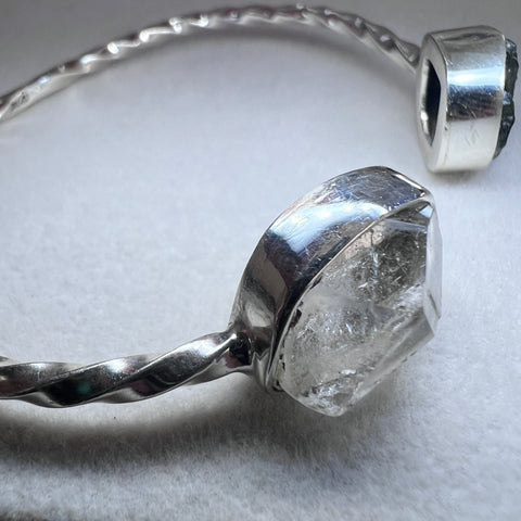 Moldavite & Herkimer Diamond Twisted Sterling Silver Bracelet