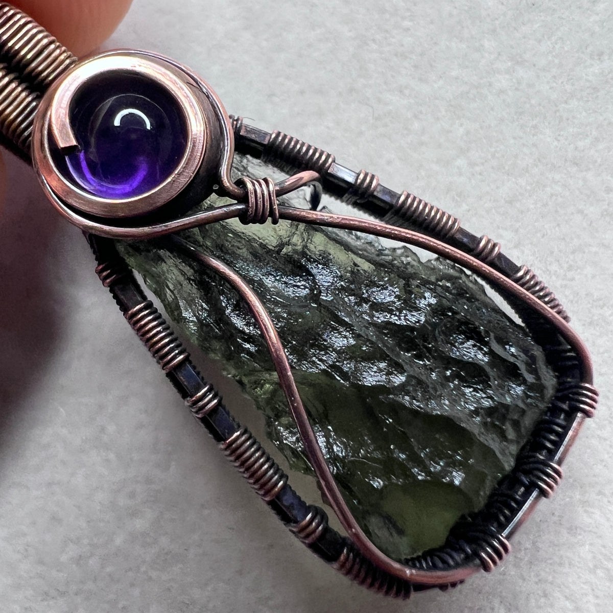 Moldavite & Amethyst Pendant - Copper Wrap