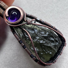 Moldavite & Amethyst Pendant - Copper Wrap