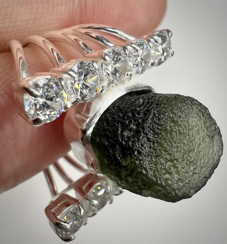 Sterling Silver Moldavite & Cubic Zirconia Ring | Size 6.5 (N) | Chlum