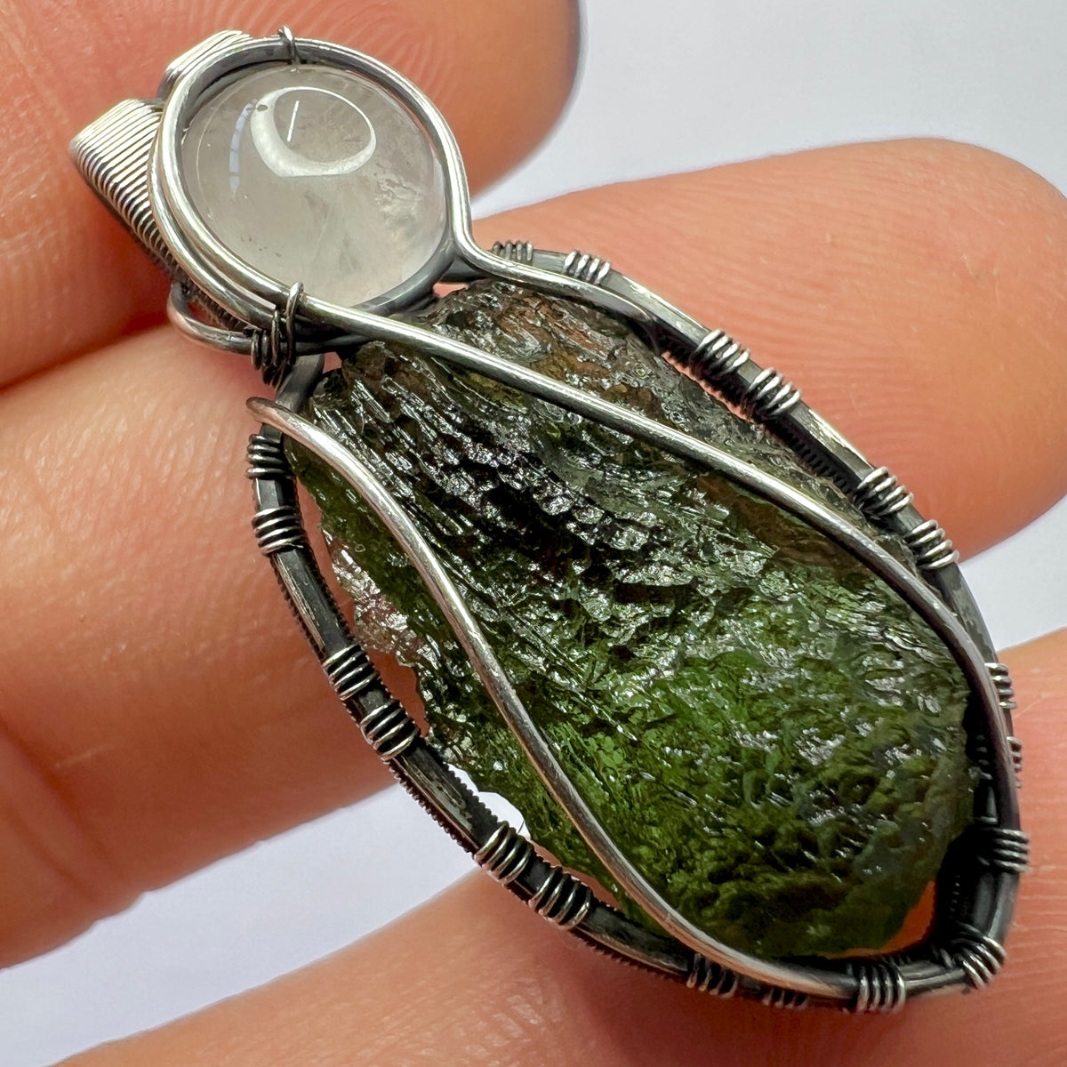 Moldavite and Rose Quartz Sterling Silver Pendant | 3.58g | Marouskovo Pole