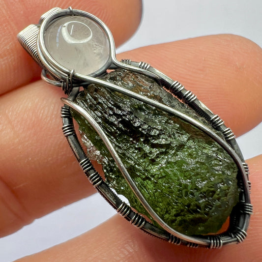 Moldavite and Rose Quartz Sterling Silver Pendant | 3.58g | Marouskovo Pole