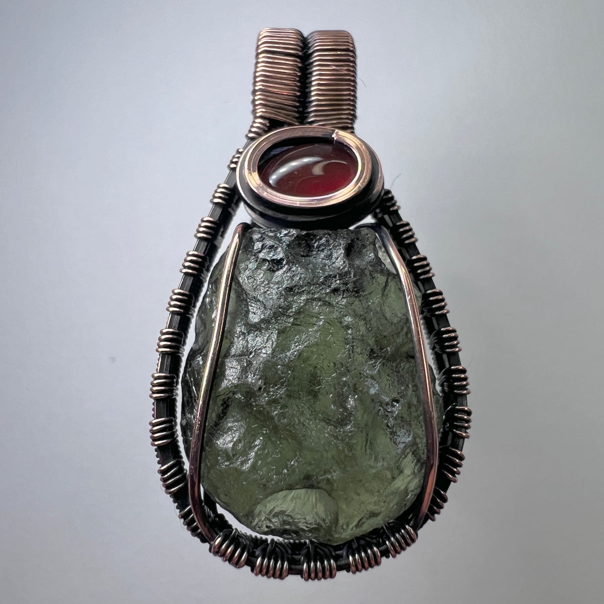 2.76g Moldavite & Carnelian Copper Pendant
