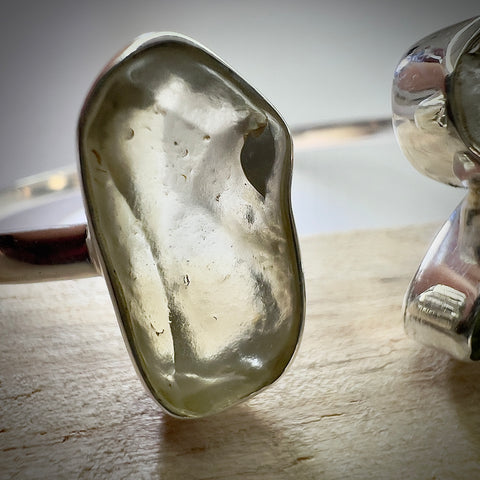 Sterling Silver Moldavite Open Cuff Bracelet with Herkimer Diamond & LDG | 0.7g | Marouskovo Pole