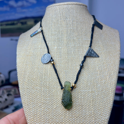 Gold Plated Moldavite Necklace with a Silk Cord