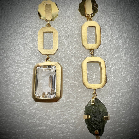 White Topaz/Moldavite Gold plated Earrings | 1.4g | Chlum
