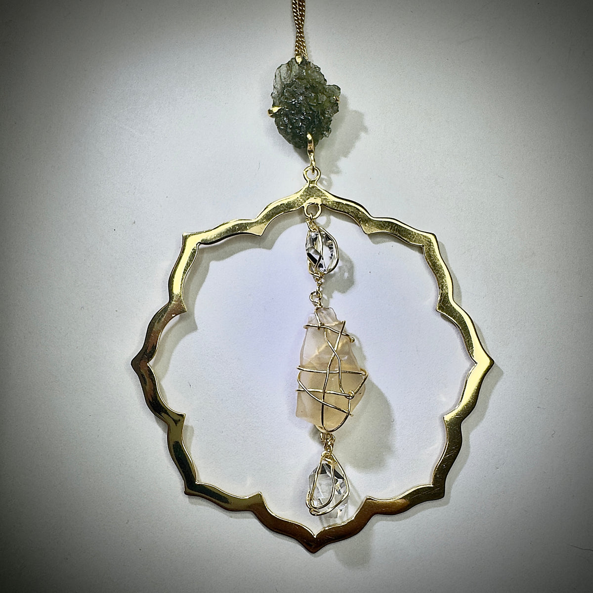 Gold Plated Moldavite, Herkimer Diamond & LDG Necklace | 1.2g | Chlum